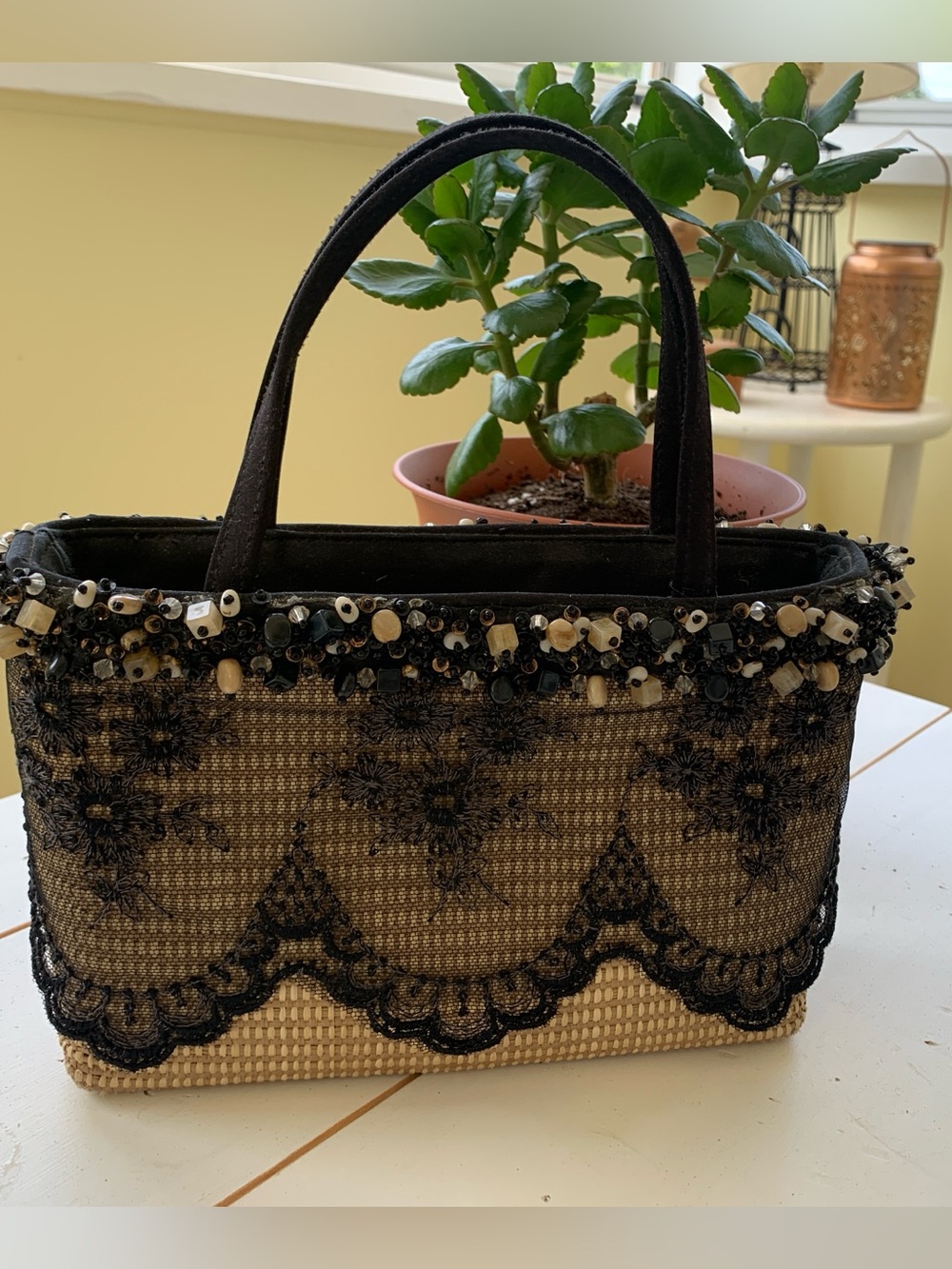 Black & Natural Lace Trim Woven Tote Bag